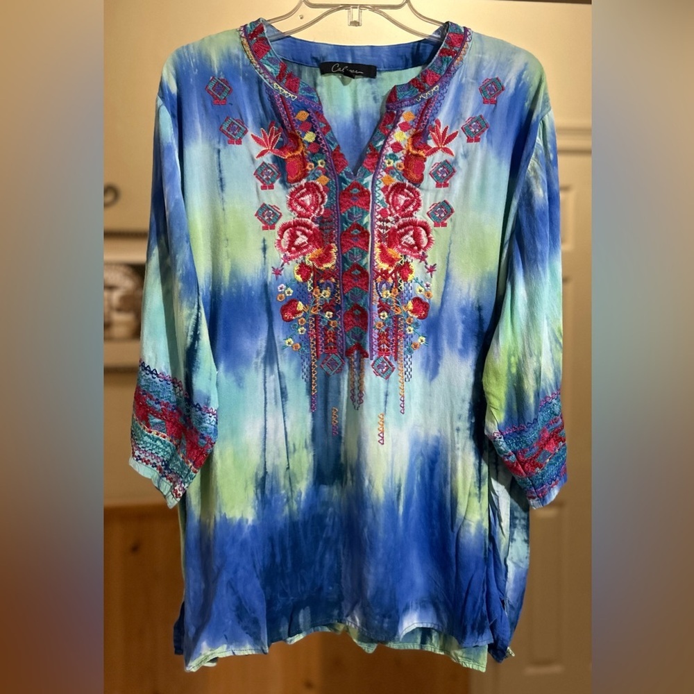 Calessa Embroidered Tunic Top Size 2X Colorful Tie Dye Bohemian Peasant Rayon - Picture 2 of 8